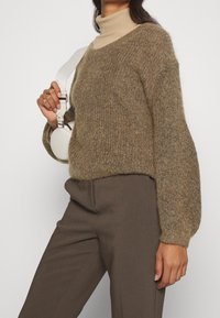 Bruine gebreide trui met een V-hals, een gestructureerde afwerking en licht opgeblazen mouwen, gelaagd over een beige coltrui en gecombineerd met een bruine broek.