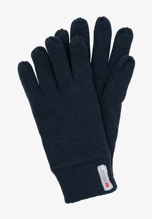 Guanti in maglia blu navy realizzati in tessuto caldo. Le caratteristiche includono sei scomparti per le dita e una finitura tessurizzata. Etichetta con il marchio "3M Thinsulate".