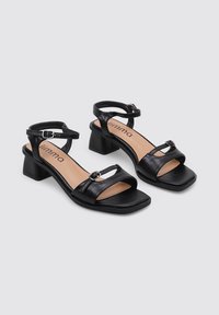 Sandalias de cuero negro con dos correas ajustables en el tobillo, punta cuadrada y un tacón ancho. Textura suave con un diseño elegante y un mínimo de detalles.