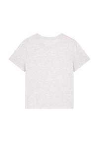 Grijze katoenen t-shirt met een ronde hals en korte mouwen. De stof heeft een gladde textuur met een subtiel gemêleerd patroon. Achteraanzicht weergegeven.