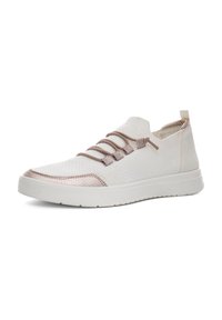 Weiße Sneaker mit einem strukturierten Mesh-Obermaterial und metallischen rosa Akzenten. Verfügt über elastische Schnürsenkel und eine weiße Gummisohle. Minimalistisches Design.