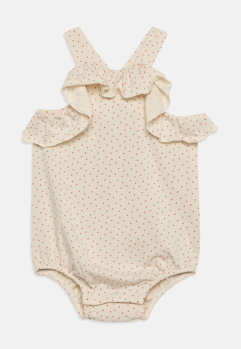 Bodysuit ivoire avec des pois rouges, épaules froncées, ouvertures élastiques aux jambes et fermeture pressionnée au bas. Tissu en coton doux.