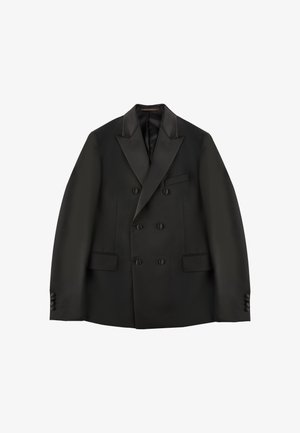 Double-breasted black blazer with satin lapels, two front pockets, and button accents. Smooth fabric texture with structured design.