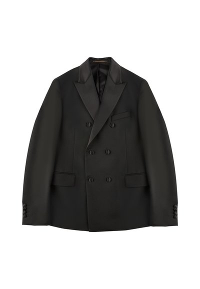 Dubbelzijdig zwart blazer met satijnen revers, twee voortassen en knoopaccenten. Gladde stoftextuur met een gestructureerd ontwerp.