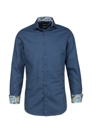 Navyblaues Hemd mit weißen Pünktchen, kontrastierenden Blütenmuster an den Manschetten und dem Kragen, langen Ärmeln und einem geraden Schnitt.