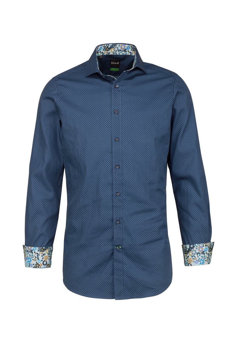Camicia blu con bottoni, decorata con pois bianchi, polsini e colletto a fiori in contrasto, maniche lunghe e silhouette dritta.