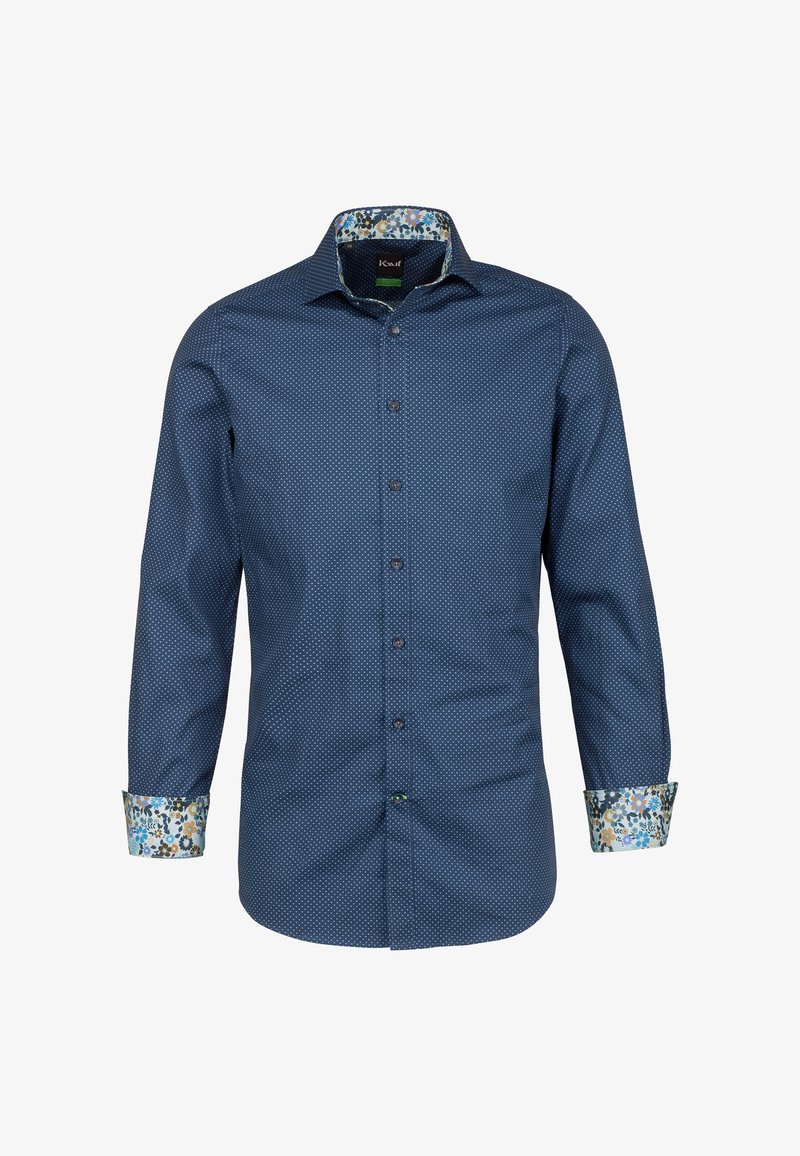 Camicia blu con bottoni, decorata con pois bianchi, polsini e colletto a fiori in contrasto, maniche lunghe e silhouette dritta.