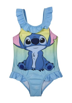 Blauer Einteiler-Badeanzug für Kinder mit Rüschenträgern und -saum, auf der Vorderseite mit einem großen, bunten Stitch-Charakterdruck.