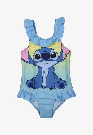 Costume da bagno intero blu per bambino con spalline e orlo arricciati, con una grande stampa colorata del personaggio Stitch sul davanti.