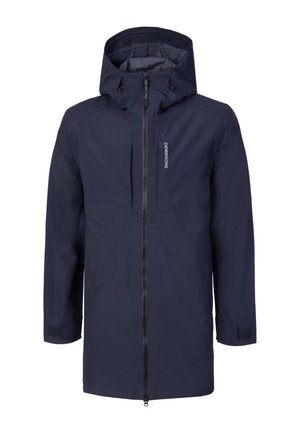 Marineblaue wasserdichte lange Jacke mit Kapuze, Frontreißverschluss, verstellbaren Bündchen und vertikalen Brusttaschen, mit der Marke "Didriksons" auf der Brust.