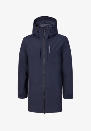 Navy blue waterproof long jacket with hood, front zipper, adjustable cuffs, and vertical chest pockets, branded "Didriksons" on chest.