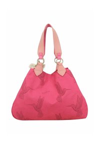 Roze handtas van een gestructureerde stof met een kolibriprint. Voorzien van twee roze leren hengsels en ronde metallic hardware accenten.