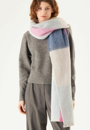 Lightweight wool scarf featuring pastel shades, with patterned sections in pink, blue, and white, displaying a soft, textured finish.