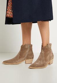 Stivali alla caviglia in suede marrone con punta appuntita, chiusura laterale con zip e tacco in legno testurizzato. Presentano cuciture decorative lungo i lati.