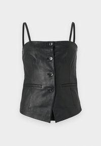 Mustatun ilmaistee nahkvest, millel on neli esinuppu, õhukesed rihmad ja kaks horisontaalset tasku klappi, valgel taustal.