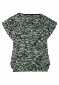 Top court à manches courtes rayé vert et noir avec un col rond et un détail froncé à l'ourlet ; tissu doux et texturé.