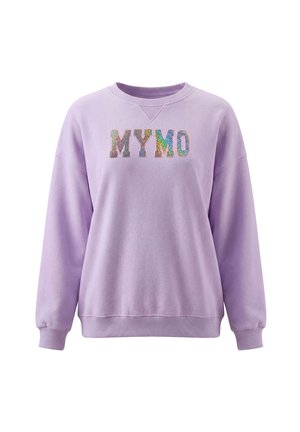 Lavendelfarvet crewneck-sweatshirt med lange ærmer og "MYMO" i multifarvede glitterbogstaver tværs over brystet.