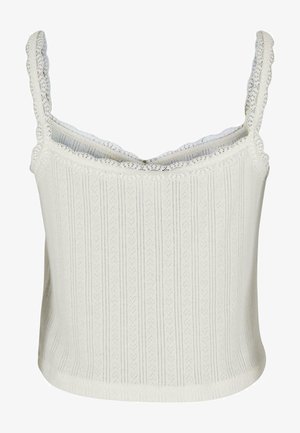 Débardeur blanc avec dentelle, texture côtelée et motif à rayures verticales. Dispose de bretelles réglables et d'un ourlet arrondi.