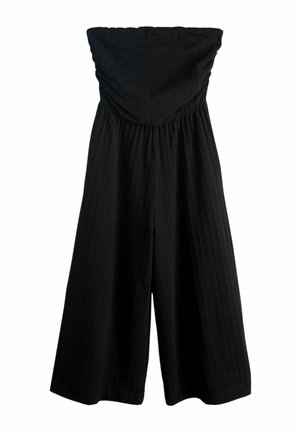 Schwarzer trägerloser Jumpsuit mit weitem Bein, geraffter Taille und strukturierten vertikalen Streifen.