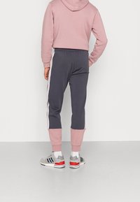 Gray sweatpants with pink accents, featuring white side stripes, paired with a pink hoodie and gray sneakers. Visible from the back.