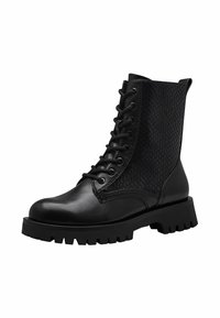 Bottines noires à lacets avec un bout en cuir lisse et des panneaux latéraux texturés. Semelles en caoutchouc épaisses avec un motif de bande de roulement robuste.