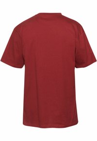 Rotes Baumwoll-T-Shirt, kurze Ärmel, Rundhalsausschnitt, schlichte Gestaltung, glatte Textur, lockere Passform, keine Verzierungen oder Muster. Rückansicht angezeigt.