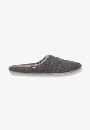 Gray felt slipper with a soft rounded shape, featuring a beige trim and a textured upper. Slightly cushioned outsole enhances comfort.