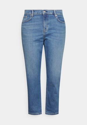 Hellblaue Denim-Jeans mit geradem Bein, ausgestattet mit einem Knopfverschluss und einem Fünf-Taschen-Design. Keine sichtbaren Muster oder Abnutzungserscheinungen.