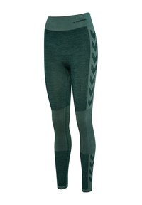 Gröna atletiska leggings med hög midja, texturerade paneler och kontrasterande chevron-accenter längs sidorna. Tillverkade av andningsbart material.