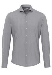 Grijze langemouwenshirt met een gestructureerd patroon, standaard kraag en knoopsluiting aan de voorkant. Heeft een gebogen zoom en knoopmanchetten.