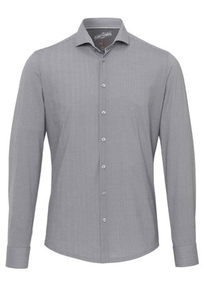 Grijze langemouwenshirt met een gestructureerd patroon, standaard kraag en knoopsluiting aan de voorkant. Heeft een gebogen zoom en knoopmanchetten.
