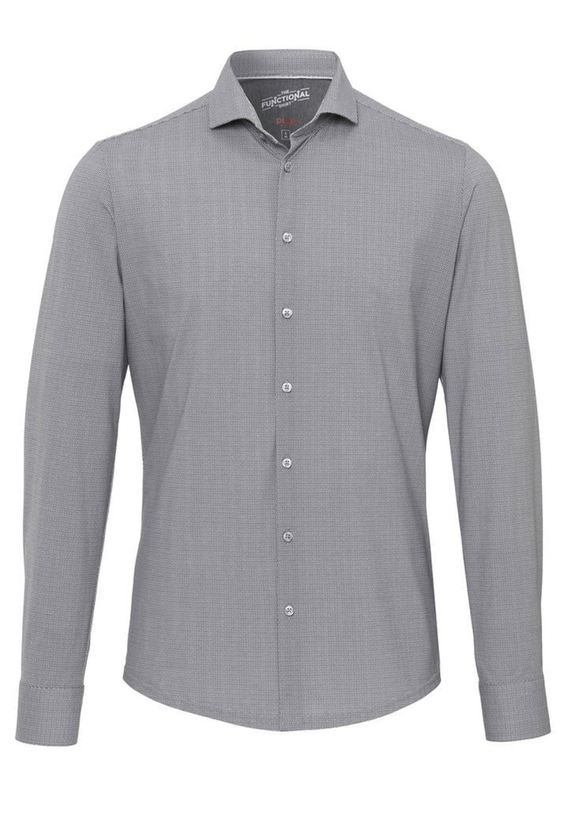 Grijze langemouwenshirt met een gestructureerd patroon, standaard kraag en knoopsluiting aan de voorkant. Heeft een gebogen zoom en knoopmanchetten.