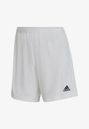 Valged sporditrussikud, mis on valmistatud kergest kangast, elastse vöökoha ja väikese musta Adidas logo kahel serval.