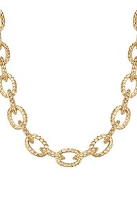 Guld kædsel halskæde med teksturerede, ovale led med en hamret finish. Designet fremhæver et dristigt, massivt udseende.