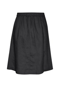 Jupe trapèze en lin noir avec une ceinture élastique, caractérisée par une coupe ample et une texture subtile. Sans ornements ni motifs supplémentaires.