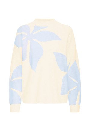 Light cream sweater featuring a large light blue leaf pattern, ribbed cuffs, and a relaxed fit. Soft texture with a round neckline.
