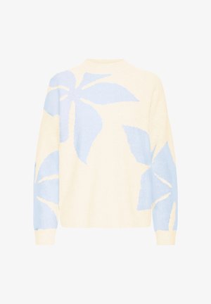 Light cream sweater featuring a large light blue leaf pattern, ribbed cuffs, and a relaxed fit. Soft texture with a round neckline.