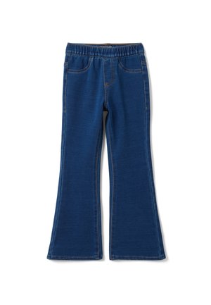 Pantaloni svasati con vita elastica blu, tasche frontali e cuciture visibili, stesi su uno sfondo bianco.