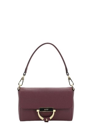 Maroon leather handbag with a structured rectangular shape, gold hardware accent, and a detachable strap for versatility.