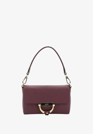 Maroon leather handbag with a structured rectangular shape, gold hardware accent, and a detachable strap for versatility.
