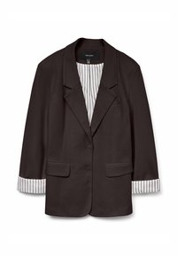 Blazer noir à boutonnière simple, col cranté, deux poches avant et doublure intérieure rayée visible aux manches.