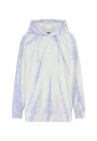 Svijetloplava majica s kapuljačom u tie-dye stilu s vezicom, dugim rukavima i bijelim logotipom na prednjoj strani. Mekana tkanina s opuštenim krojem.
