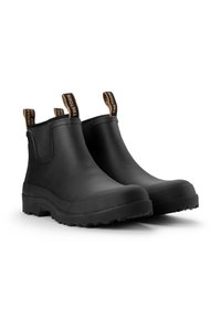 Schwarze Gummistiefel bis knöchelhoch mit strukturierten Sohlen, elastischen Seiteneinsätzen und tanfarbenen Schlaufen-Zuglaschen mit Markenlogo. Glatte Oberfläche, robustes Design.
