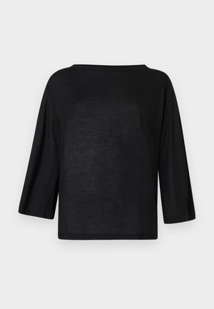 Black, loose-fitting top with a wide neckline and three-quarter sleeves. Material appears soft and lightweight with a smooth texture.