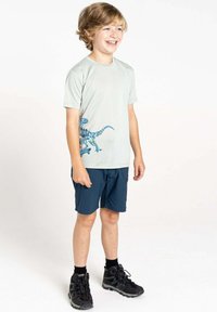 Helle graue Kurzarm-T-Shirt mit einem blauen Dinosaurier-Design, kombiniert mit dunkelblauen Shorts und schwarzen Wanderschuhen, steht vor einem hellen Hintergrund.