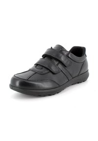 Scarpa in pelle nera con due cinturini regolabili in Velcro, punta arrotondata, superficie texture e soletta imbottita per comfort e supporto.