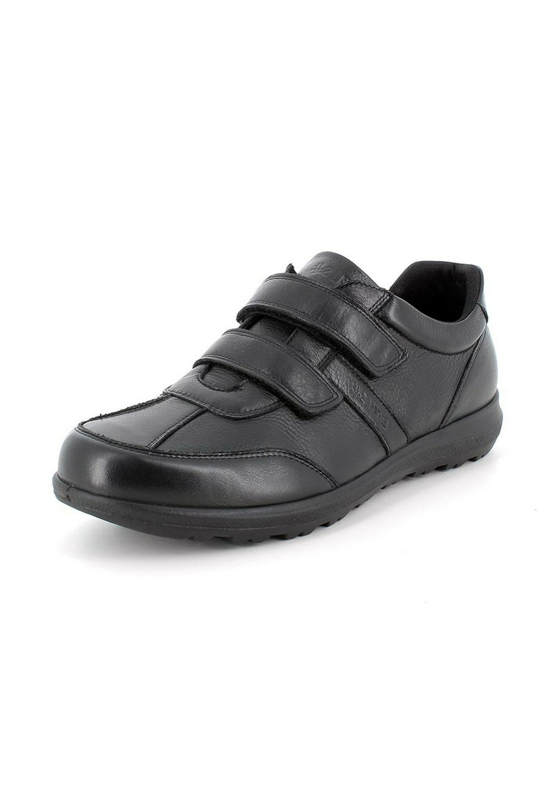 Scarpa in pelle nera con due cinturini regolabili in Velcro, punta arrotondata, superficie texture e soletta imbottita per comfort e supporto.