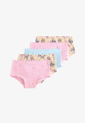 Zestaw pięciu bawełnianych majtek: dwie różowe gładkie z małymi serduszkami, jedna jasnoniebieska oraz dwie żółte z kreskówkowymi wzorami jednorożców i zwierząt.