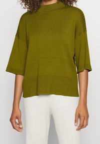 Světle olivově zelený žebrovaný pletený svetr s vysokým límcem a krátkými rukávy, s volným střihem a bočními rozparky na spodním lemu.