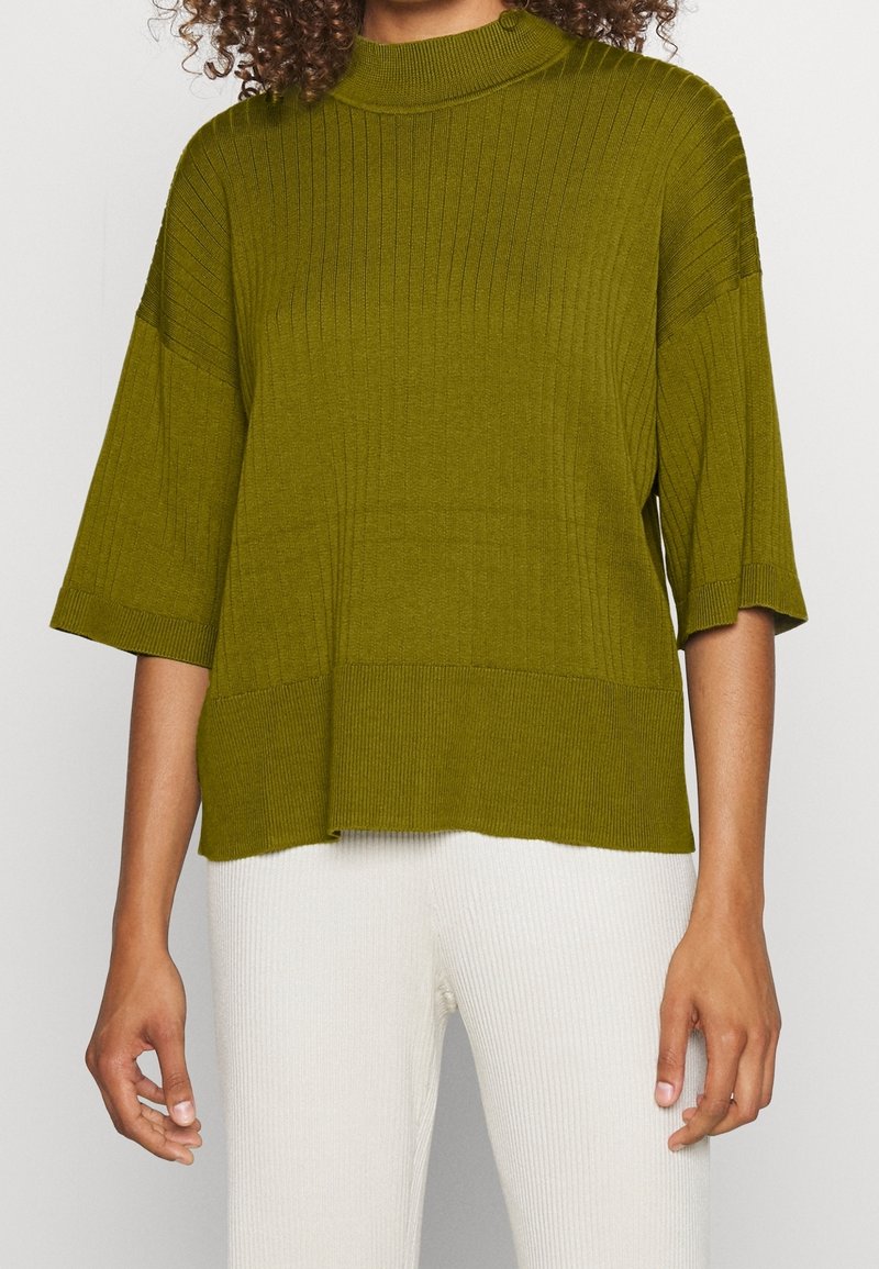 Světle olivově zelený žebrovaný pletený svetr s vysokým límcem a krátkými rukávy, s volným střihem a bočními rozparky na spodním lemu.